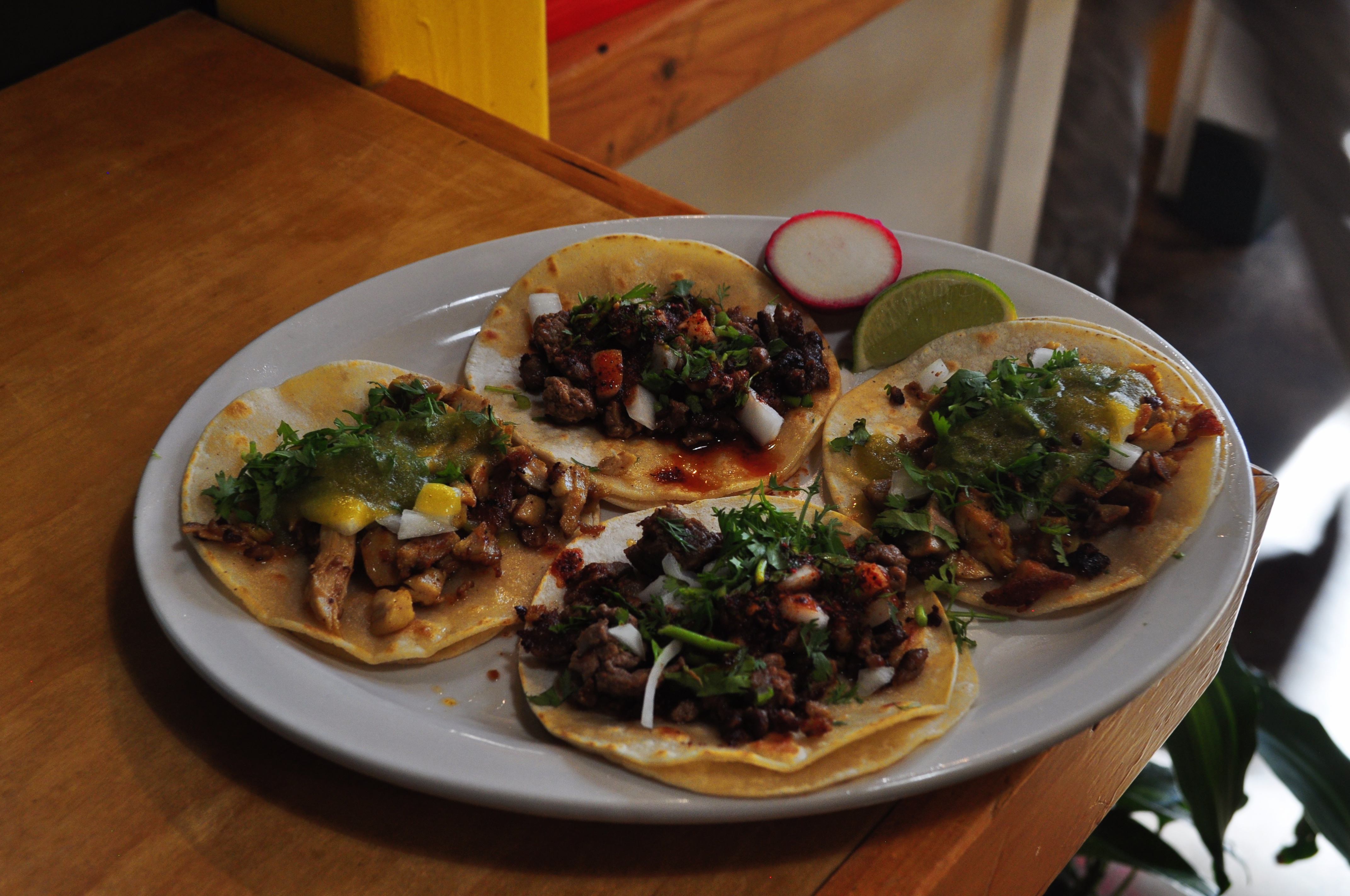 Three regular tacos served at Taqueria Portland
